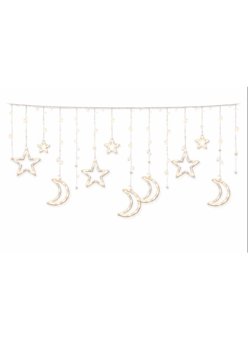 Home Care 10 Hanging Moon & Star Curtain Lights (3M), Warm LED Ramadan & Eid Decorative Plug-In String Lights with High and Low Crescent & Star Design, Color Box Packaging  Assorted design - Image 2